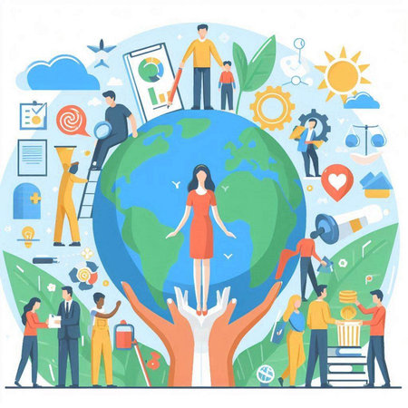 Global business concept. Vector illustration in flat design style with human hand and people.のイラスト素材