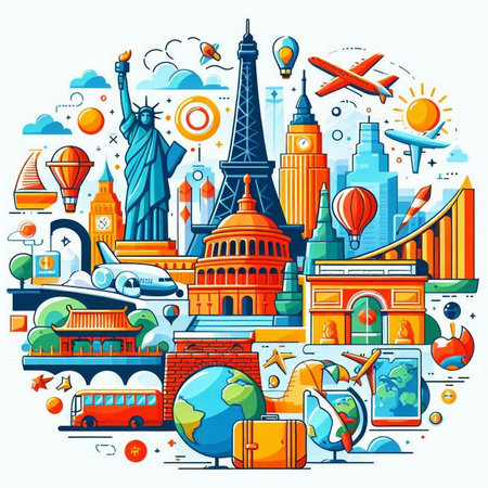 Traveling around the world concept. Vector illustration with famous landmarks.のイラスト素材