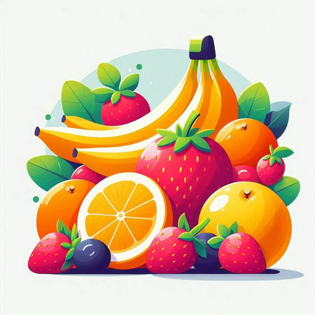 Fruit background with bananas, oranges, strawberries and grapefruitsのイラスト素材