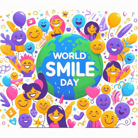 World Smile Day banner with cute cartoon characters and symbols. Vector illustration.のイラスト素材