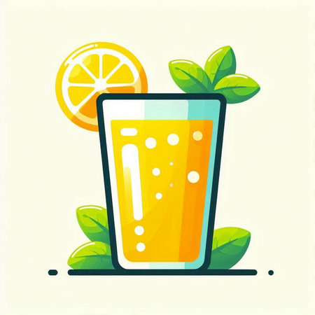 Orange juice in a glass with orange slices and leaves. Vector illustration.のイラスト素材