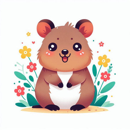 Cute hamster sitting on the ground with flowers. Vector illustration.のイラスト素材