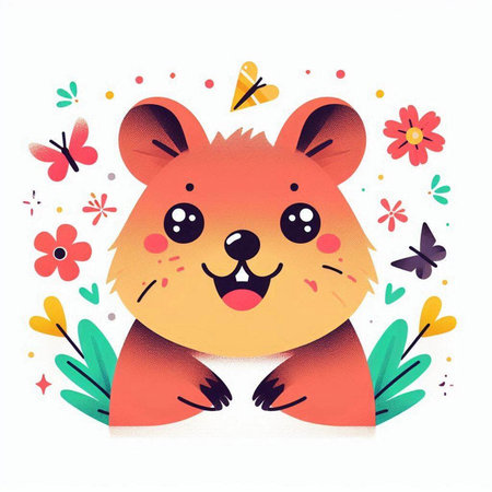 Cute cartoon hamster with flowers and butterflies. Vector illustration.のイラスト素材