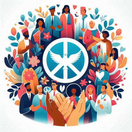 International day of peace concept. Group of people holding hands together with peace sign. Vector illustration.のイラスト素材
