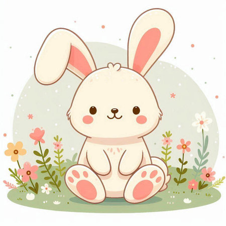 Cute Easter bunny sitting on the grass with flowers. Vector illustration.のイラスト素材
