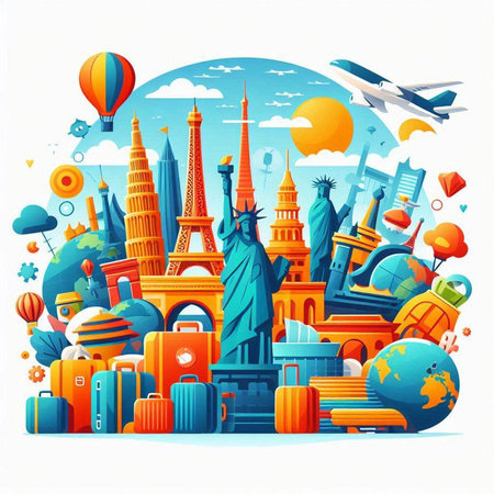 Traveling around the world. Colorful vector illustration in cartoon styleのイラスト素材