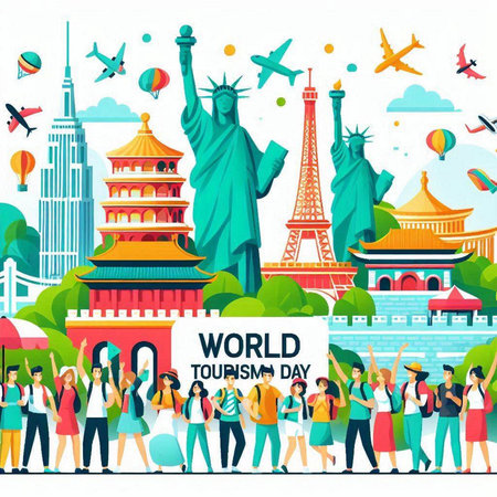 World Travel Day Banner with Tourists Attraction. Vector Illustrationのイラスト素材