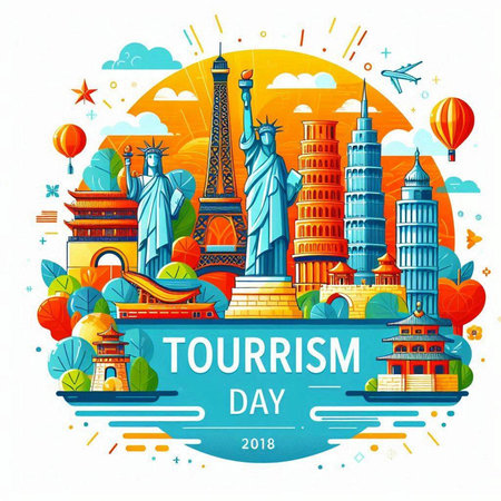 Travel around the world poster with famous monuments and landmarks. Vector illustrationのイラスト素材