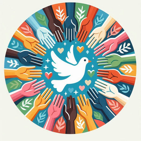 International Day of Peace. Vector Illustration of hands with dove.のイラスト素材