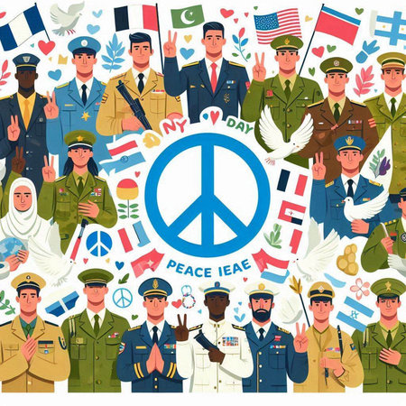 Vector illustration of people in military uniform with peace sign in circle.のイラスト素材