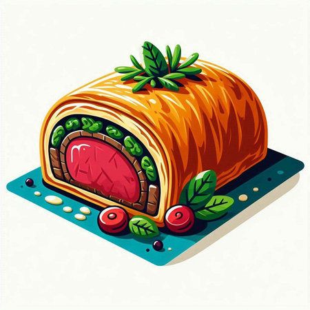 Illustration of a roll cake with cream and berries on a white backgroundのイラスト素材