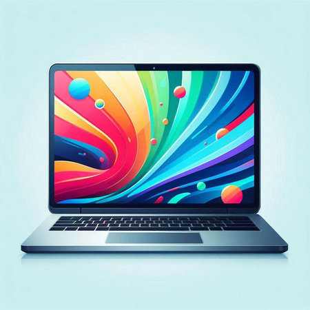 Laptop with colorful abstract design on the screen. Vector illustration.のイラスト素材