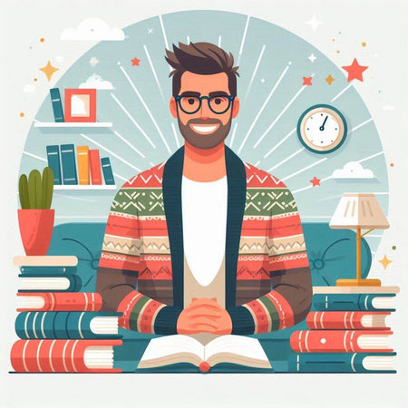 Young man reading a book at home. Vector illustration in flat styleのイラスト素材