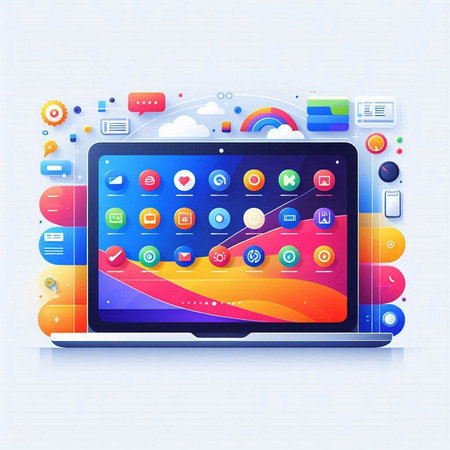 Laptop with colorful application icons on the screen. Vector illustration.のイラスト素材