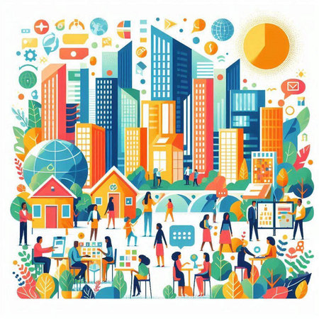 Vector illustration of modern city with people, buildings, people and gadgetsのイラスト素材