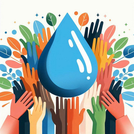 Save water concept with human hands and water drop. Vector illustration.のイラスト素材