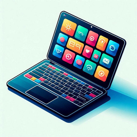 Laptop computer with colorful application icons on the screen. Vector illustration.のイラスト素材