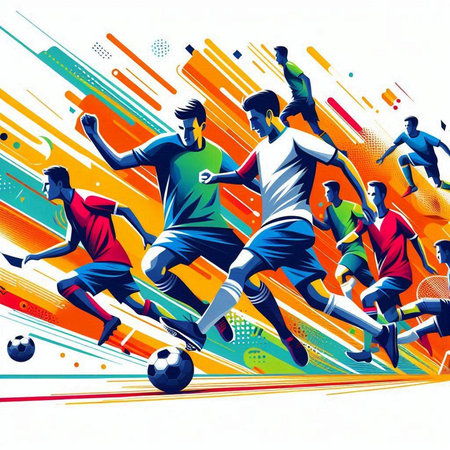 Soccer players with ball. Vector illustration of football players in action.のイラスト素材