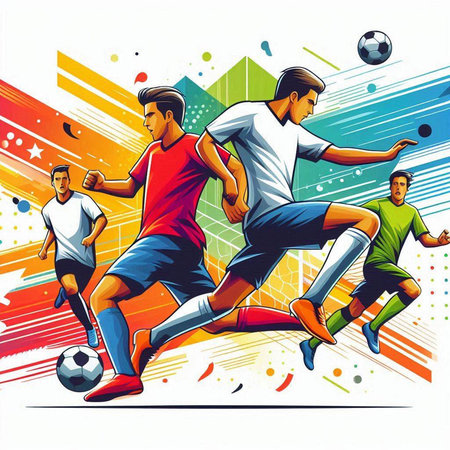 Soccer players in action, vector illustration. Colorful background.のイラスト素材