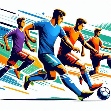 Soccer players in action, vector illustration. Colorful background.のイラスト素材