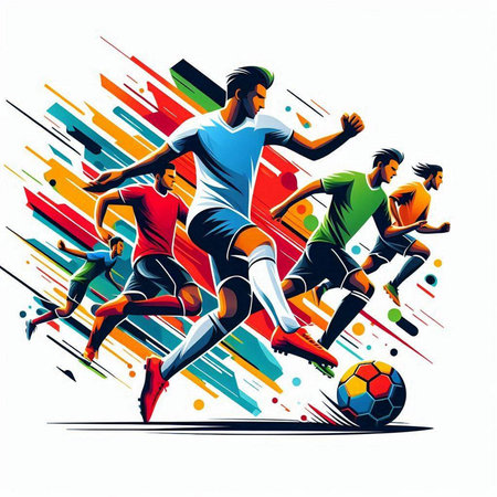 Group of soccer players in action, vector illustration. Sportive background.のイラスト素材