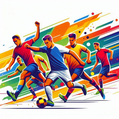 Soccer players in action with colorful abstract background, vector illustration.のイラスト素材