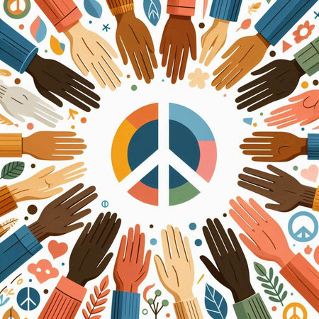Vector illustration of hands around circle with peace symbol. World peace day concept.のイラスト素材
