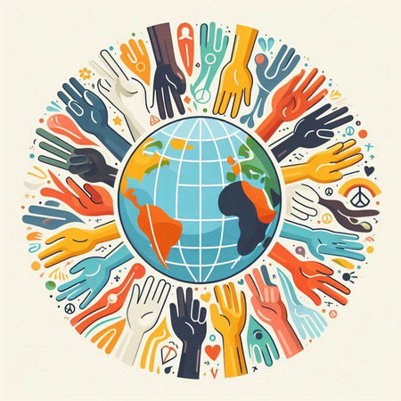 Vector illustration of human hands around the globe. Earth day concept.のイラスト素材