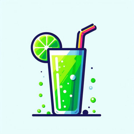 Cocktail with lime and straw. Vector illustration in flat styleのイラスト素材