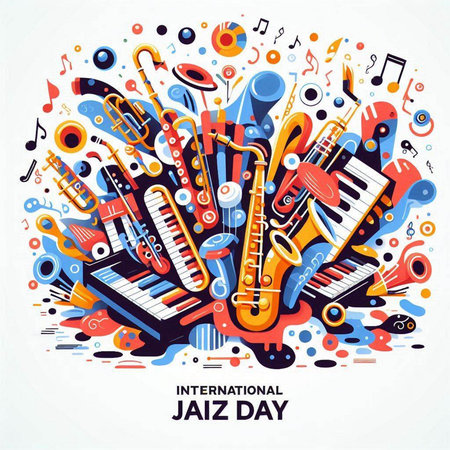 International Jazz Day. Vector illustration with colorful musical instruments and notes.のイラスト素材