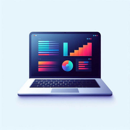 Laptop with graphs and charts on the screen. Vector illustration.のイラスト素材