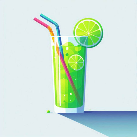 Cocktail with lime and straws on blue background. Vector illustrationのイラスト素材