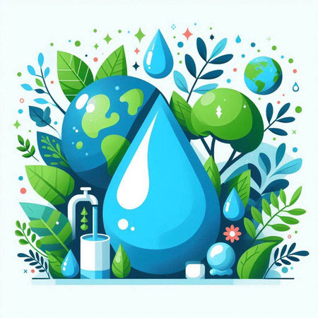 Ecology poster with water drop and plant elements. Vector illustration.のイラスト素材