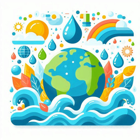 Ecology concept. Vector illustration in flat style. Earth planet with water drops, sun, waves, leaves and clouds.のイラスト素材