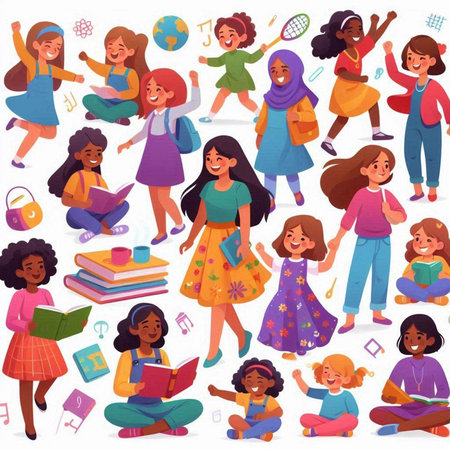 Vector illustration of a group of children reading books and doing school activitiesのイラスト素材