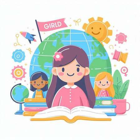 Girl reading a book in front of the globe. Vector illustration.のイラスト素材