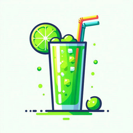 Cocktail with lime and straw. Vector illustration in flat styleのイラスト素材