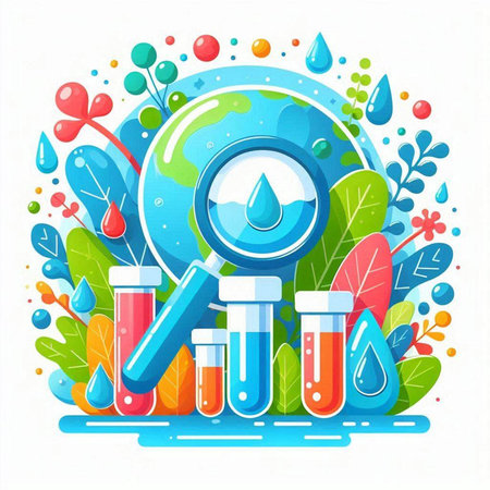 Vector illustration of science research and development in flat style. Magnifying glass, test tubes, leaves and water drops.のイラスト素材