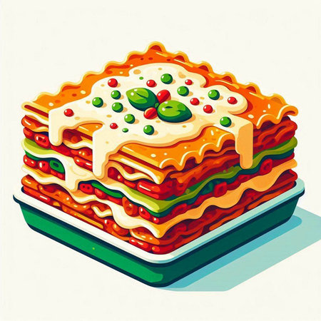 Illustration of lasagna with tomato sauce and green peas on a plateのイラスト素材