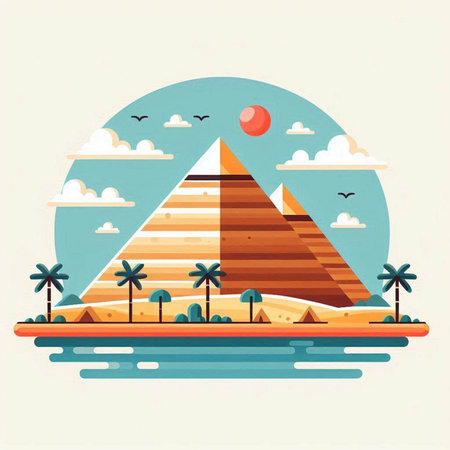 Egyptian pyramids on the beach. Vector illustration in flat styleのイラスト素材