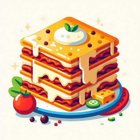 Illustration of a stack of waffles with cream and berries.のイラスト素材
