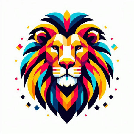 Lion head with colorful geometric pattern on white background. Vector illustration.のイラスト素材