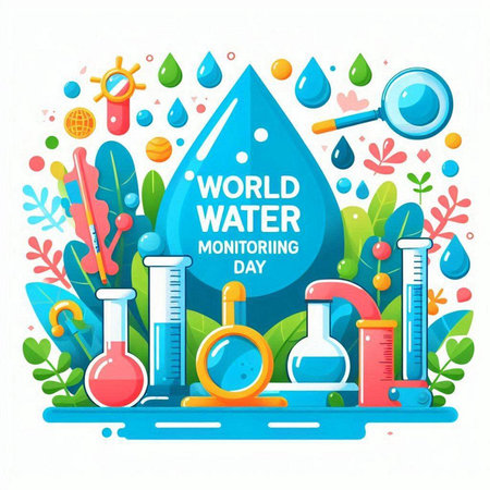 World Water Day banner with water drop, test-tubes, thermometer and plants. Vector illustrationのイラスト素材