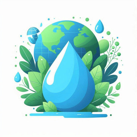 World water day concept. Water drop with green leaves and globe. Vector illustrationのイラスト素材