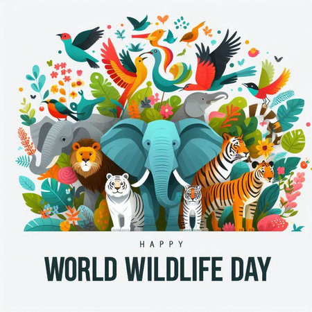 World Wildlife Day banner with cute cartoon animals and floral elements. Vector illustration.のイラスト素材