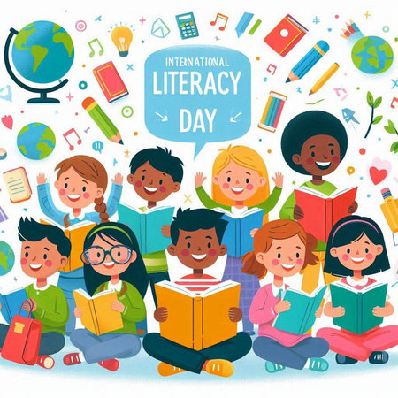 Happy international literacy day poster with children reading books. Vector illustration.のイラスト素材