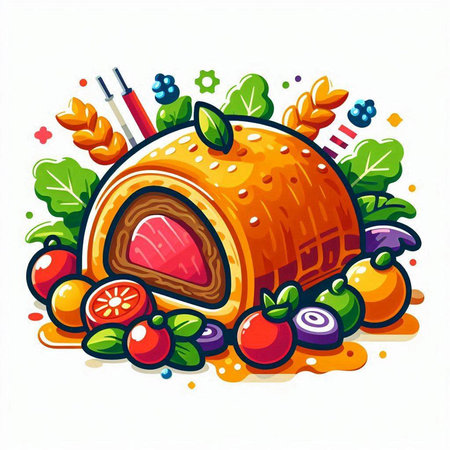 vector illustration of a roast turkey with vegetables on a white background.のイラスト素材