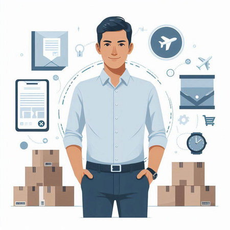 Vector illustration of a man standing in front of a tablet with a set of icons around himのイラスト素材