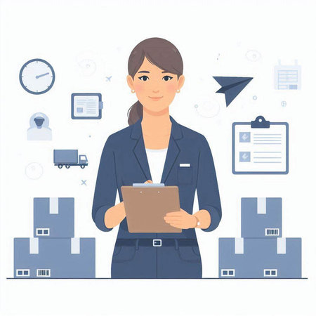 Woman with clipboard and boxes on white background. Vector illustration in flat style.のイラスト素材