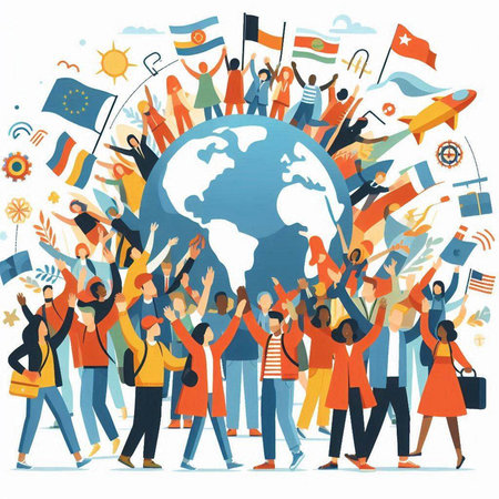 Happy people holding flags of countries around the world. Vector illustration.のイラスト素材